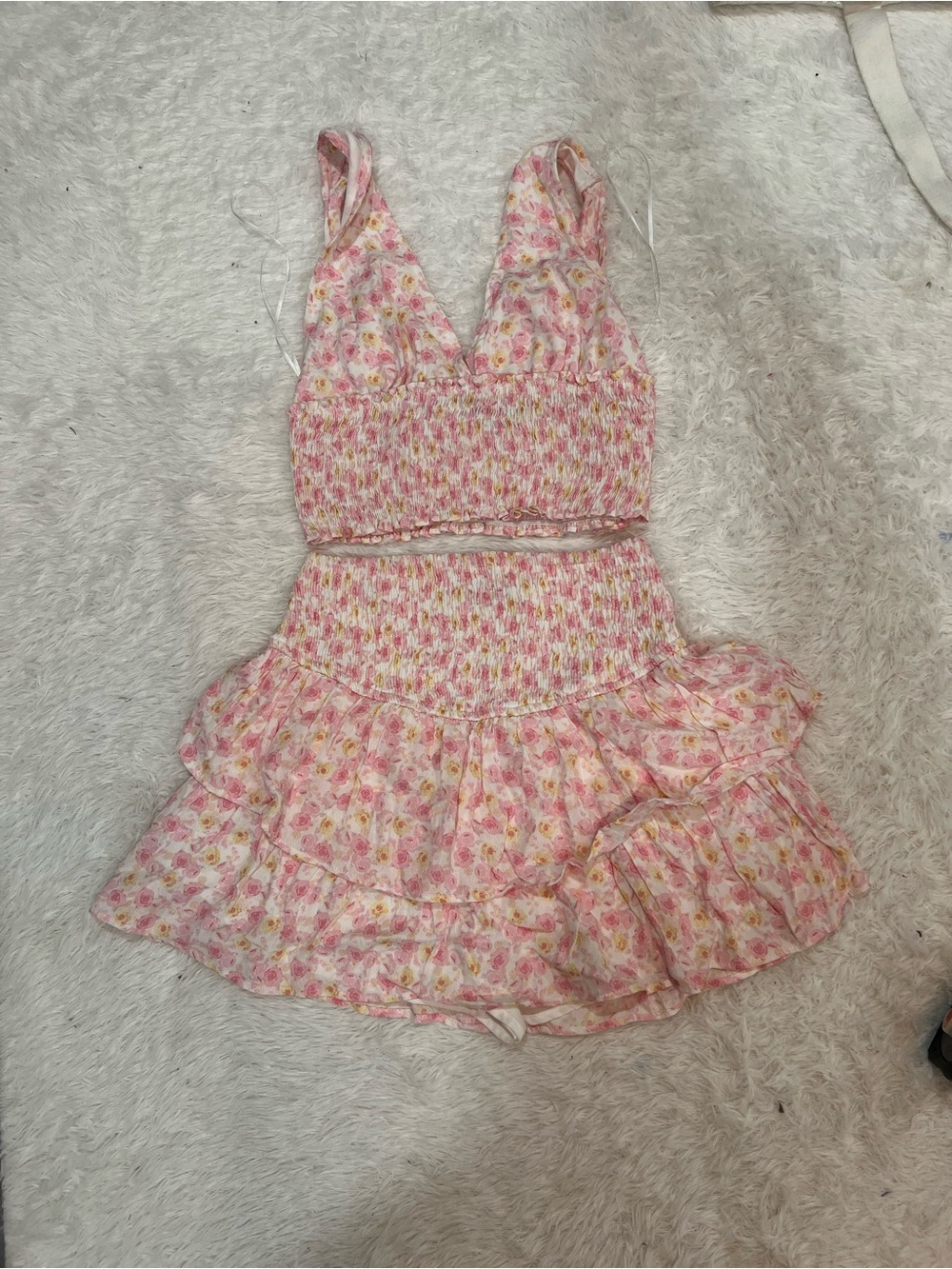 Cotton Candy Pink Floral Smocked Crop Top & Ruffle Mini Skirt Set